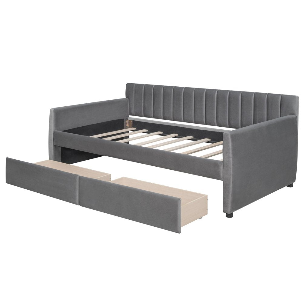 Gray Upholstered Twin Bed Frame With Drawers