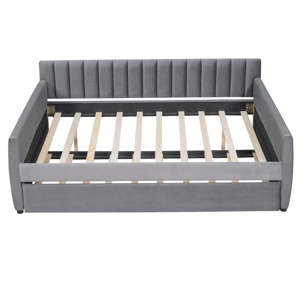Gray Upholstered Full Bed Frame With Trundle