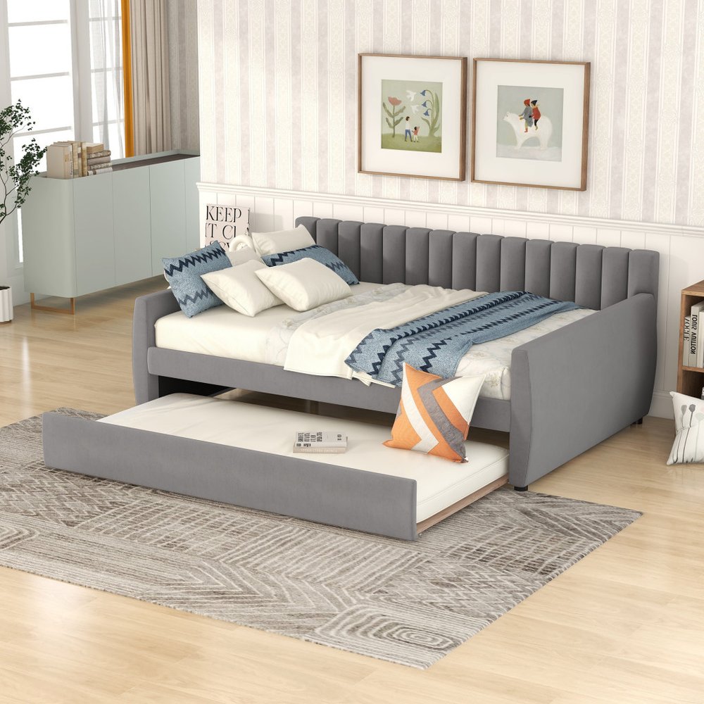 Gray Upholstered Full Bed Frame With Trundle