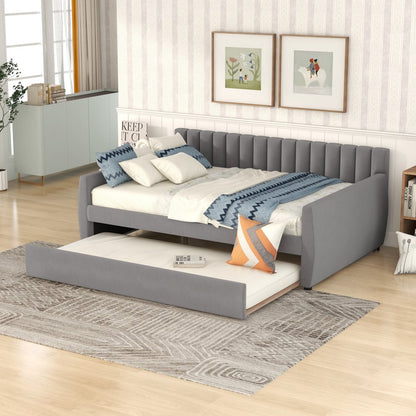 Gray Upholstered Full Bed Frame With Trundle