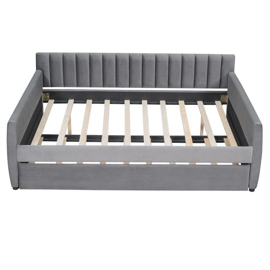 Gray Upholstered Full Bed Frame With Trundle