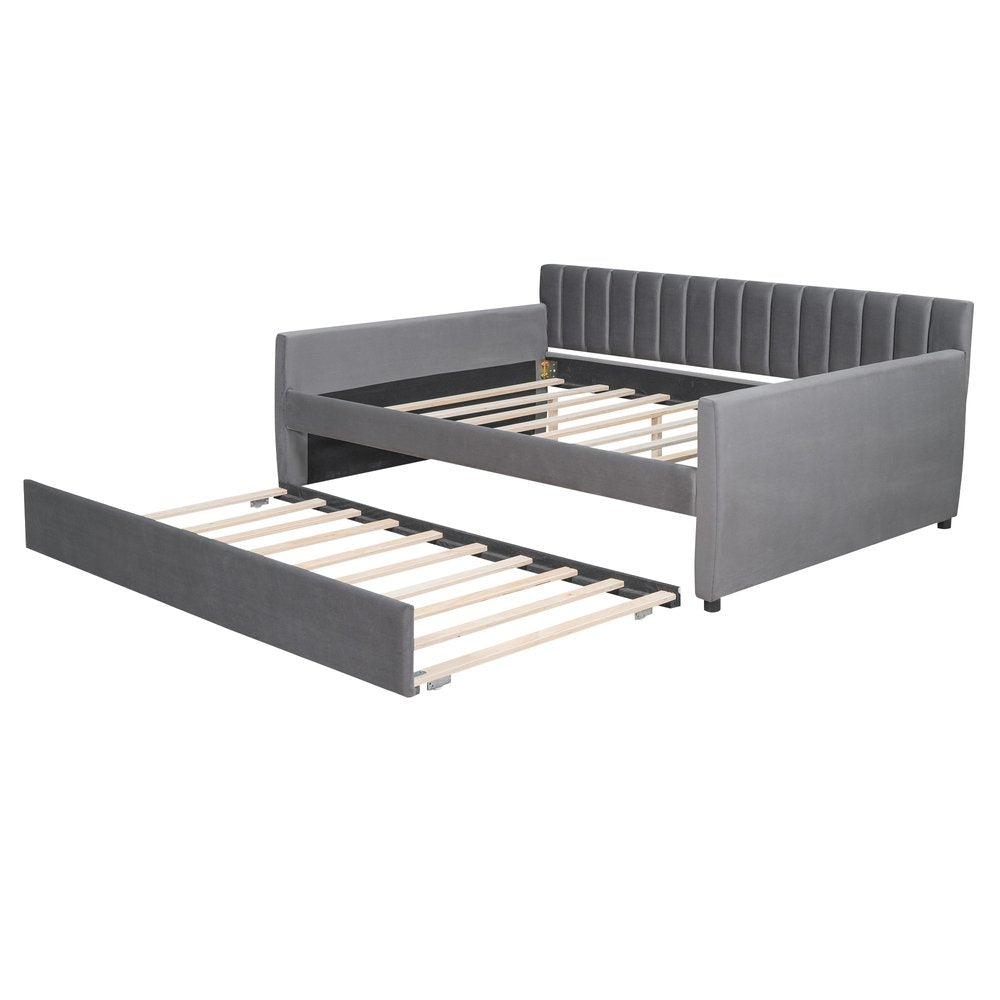 Gray Upholstered Full Bed Frame With Trundle