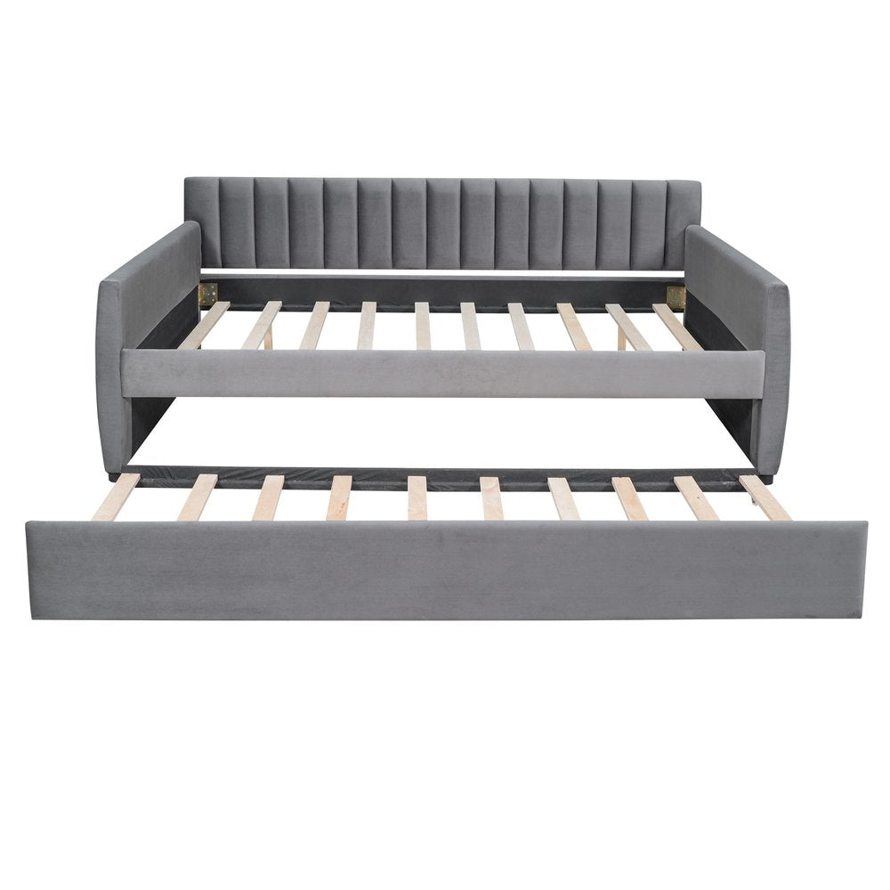 Gray Upholstered Full Bed Frame With Trundle