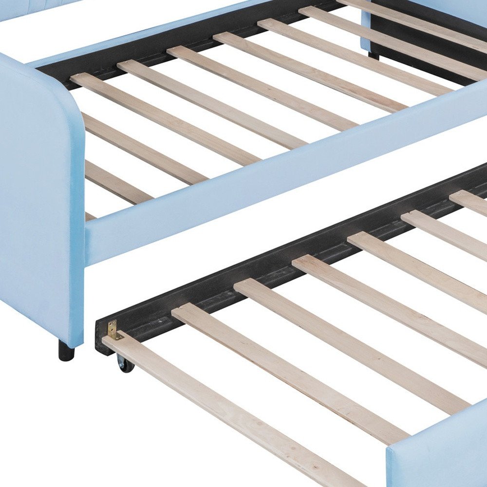 Light Blue and Blue Upholstered Twin Bed Frame With Trundle
