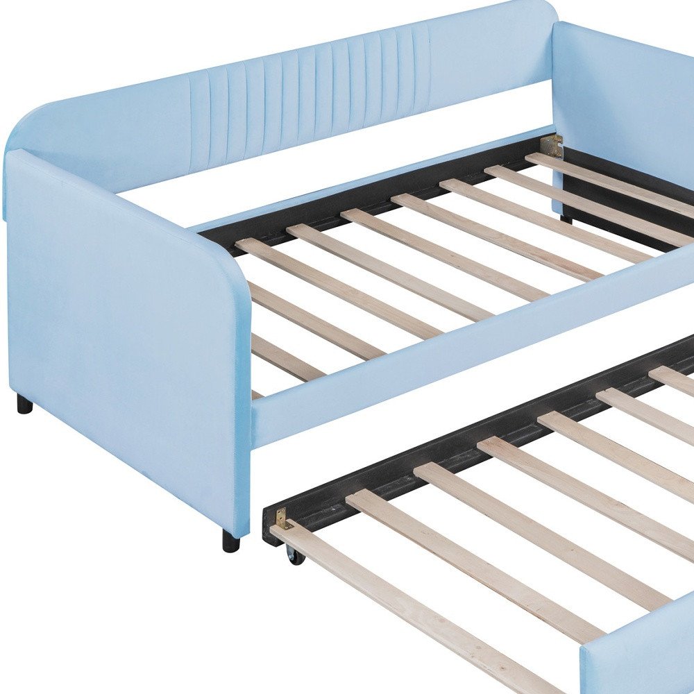 Light Blue and Blue Upholstered Twin Bed Frame With Trundle