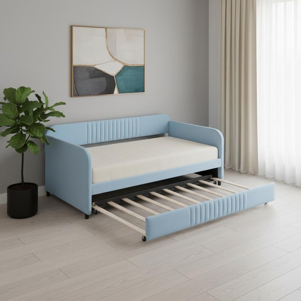 Light Blue and Blue Upholstered Twin Bed Frame With Trundle