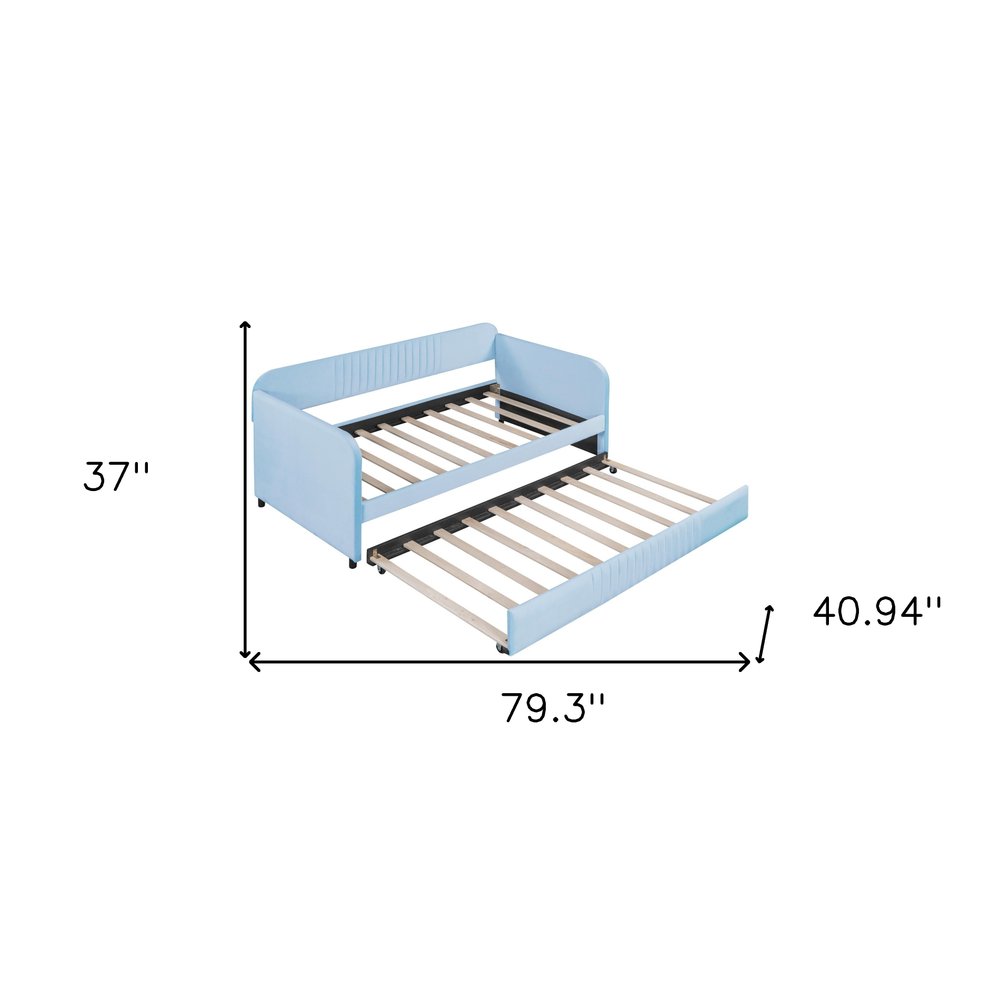 Light Blue and Blue Upholstered Twin Bed Frame With Trundle
