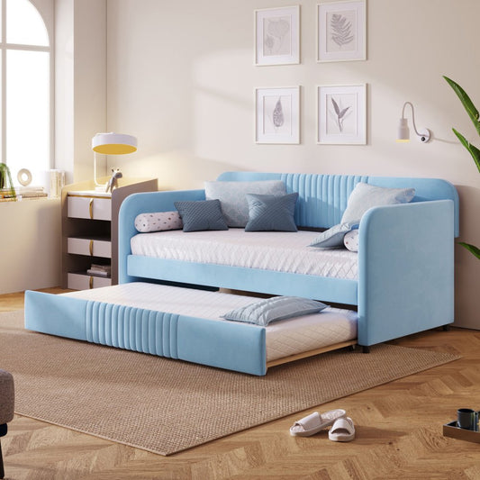 Light Blue and Blue Upholstered Twin Bed Frame With Trundle
