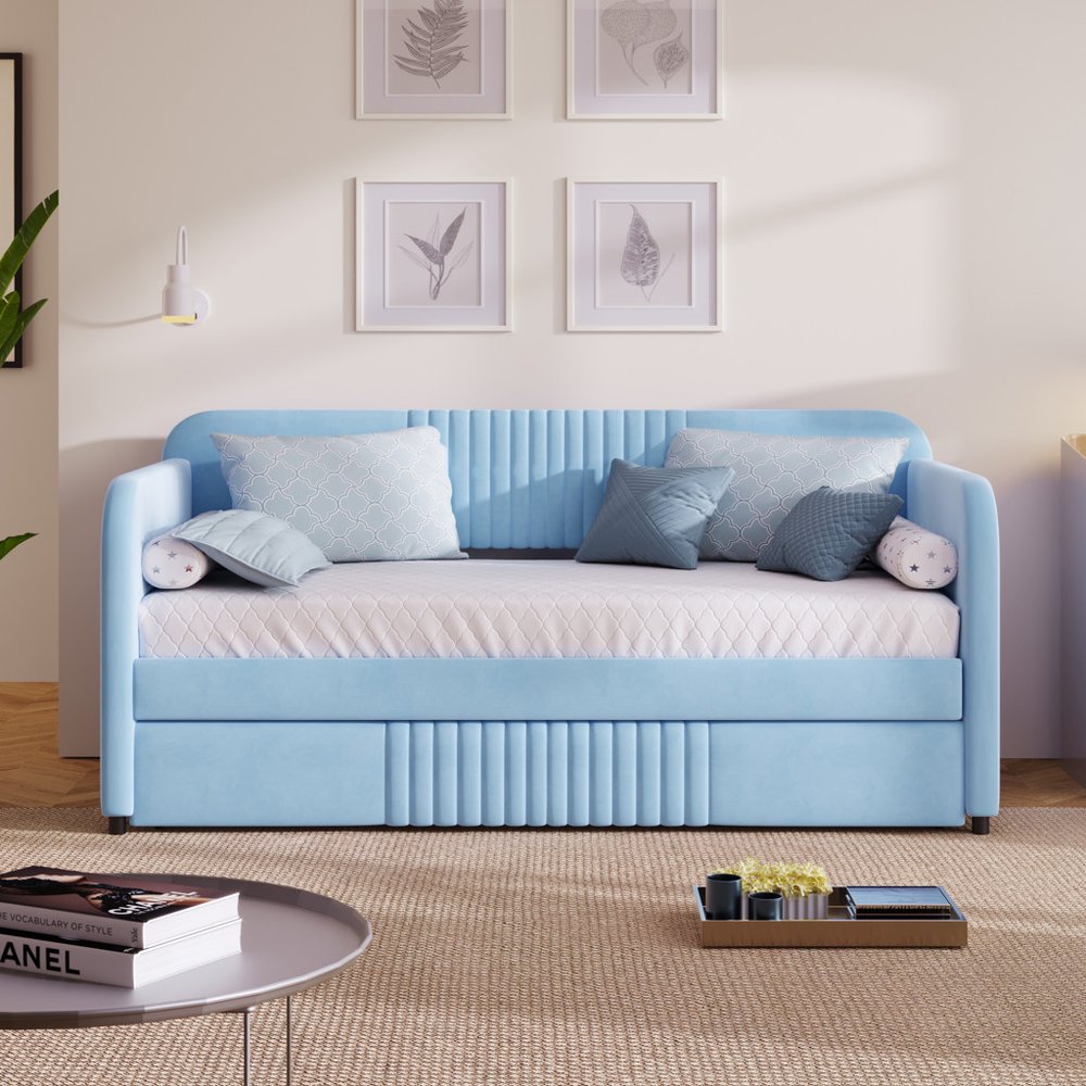Light Blue and Blue Upholstered Twin Bed Frame With Trundle