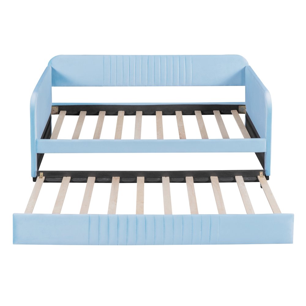 Light Blue and Blue Upholstered Twin Bed Frame With Trundle