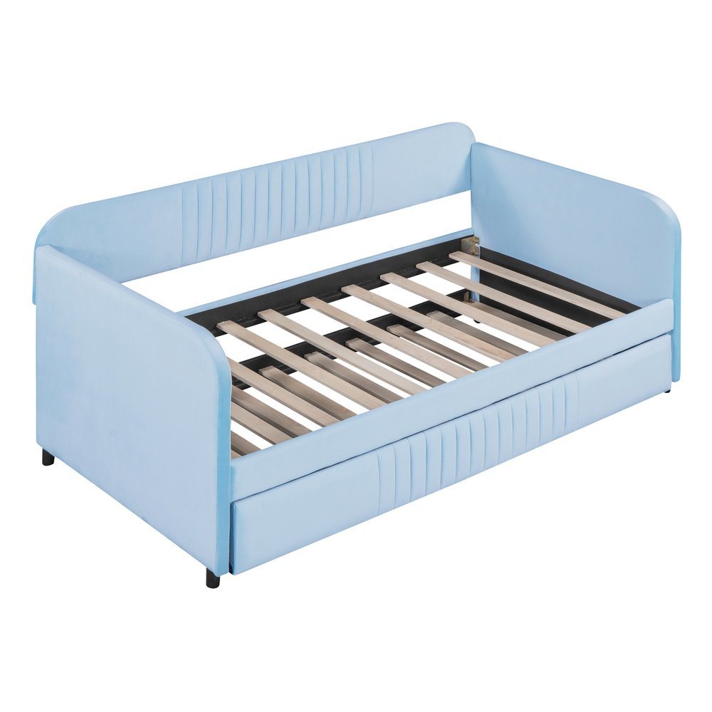 Light Blue and Blue Upholstered Twin Bed Frame With Trundle