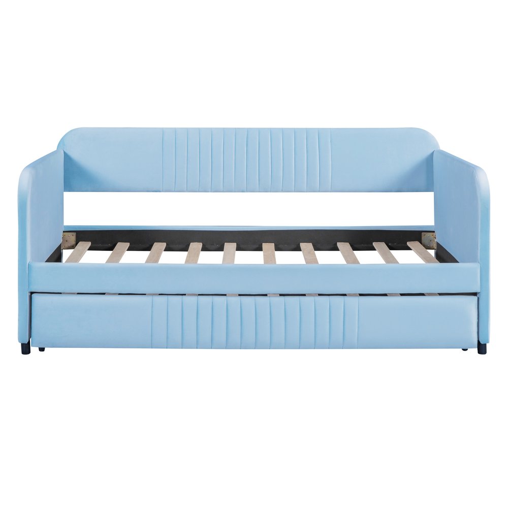 Light Blue and Blue Upholstered Twin Bed Frame With Trundle