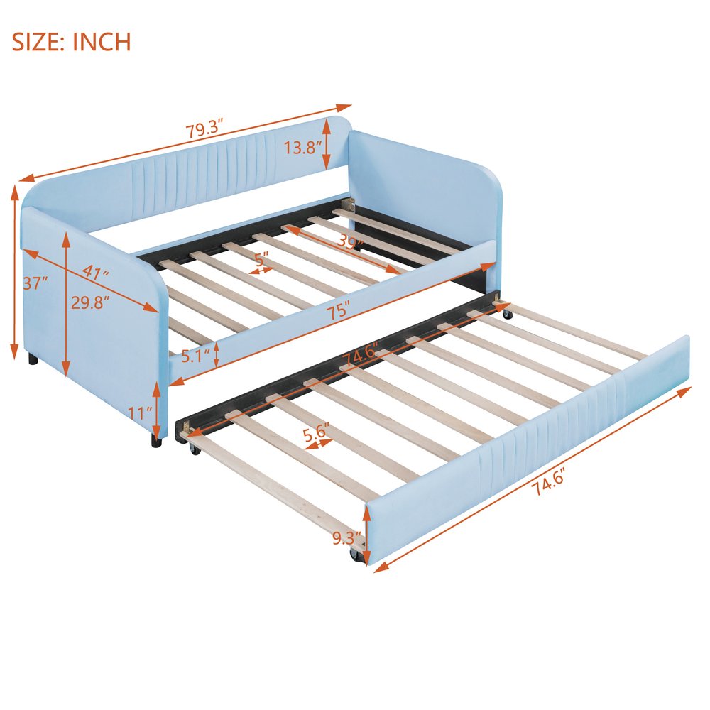 Light Blue and Blue Upholstered Twin Bed Frame With Trundle