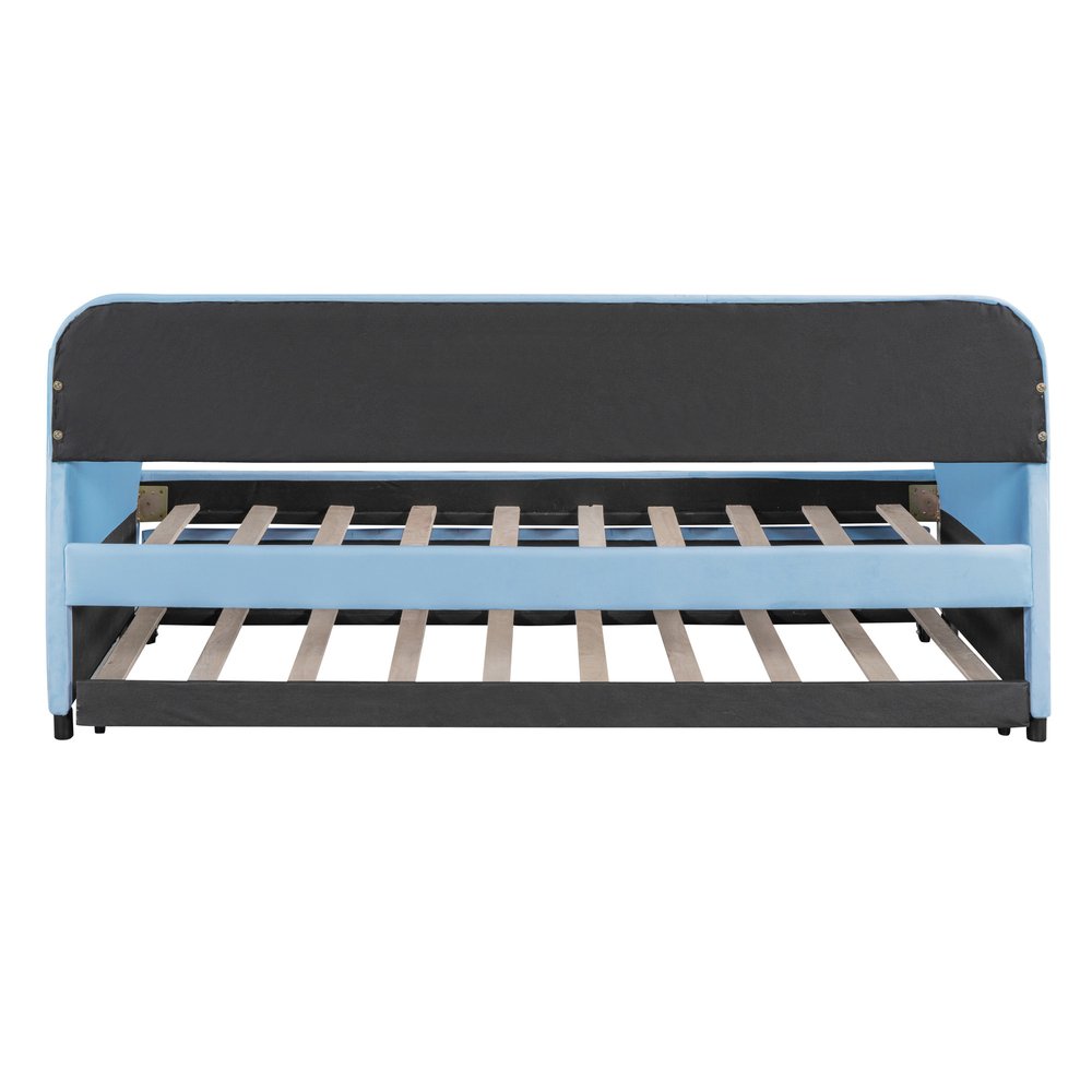 Light Blue and Blue Upholstered Twin Bed Frame With Trundle