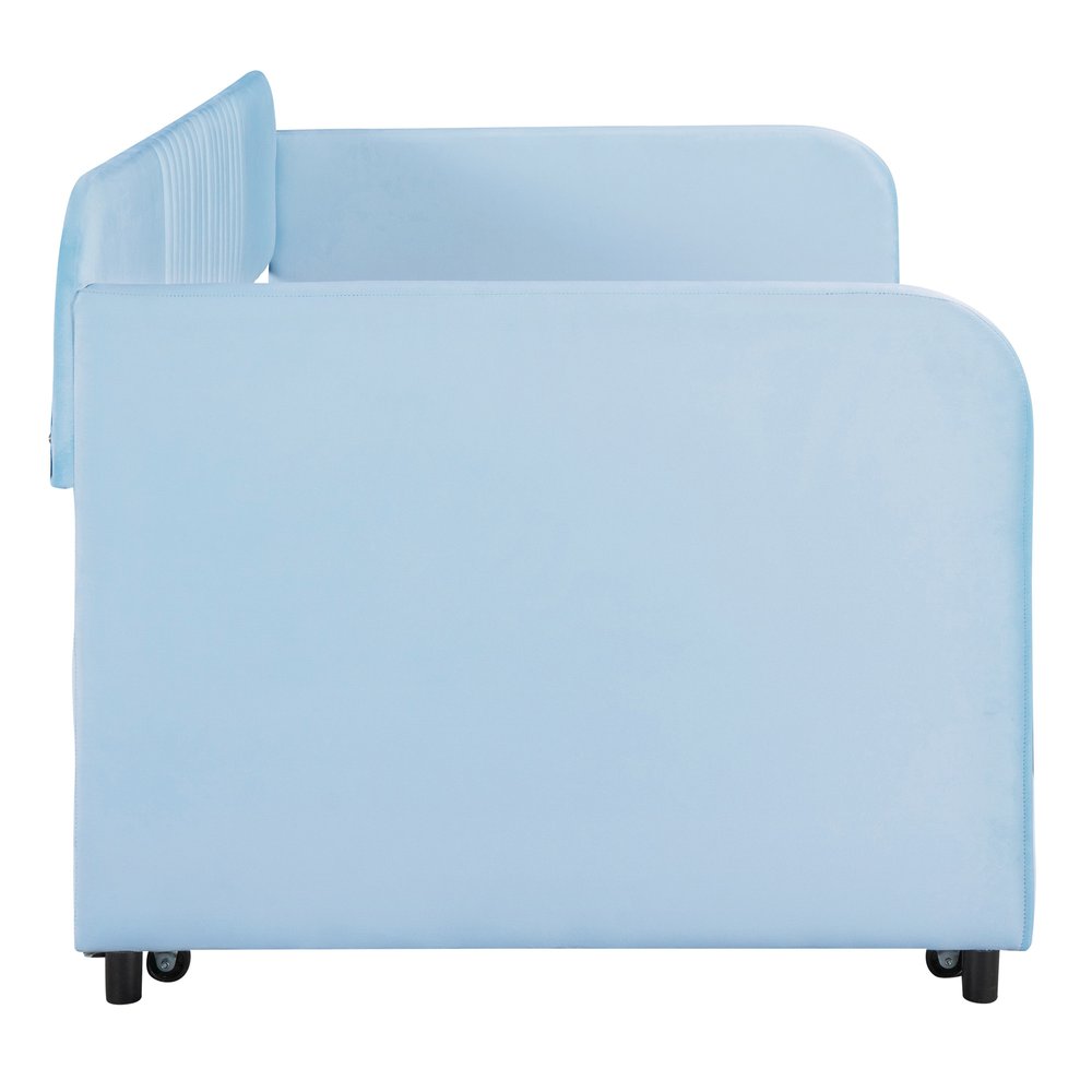 Light Blue and Blue Upholstered Twin Bed Frame With Trundle