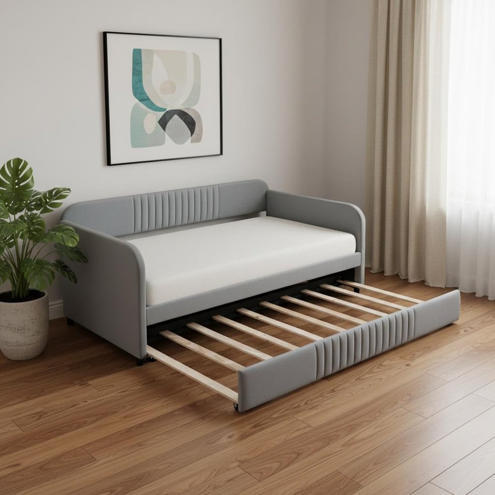 Gray Upholstered Twin Bed Frame With Trundle