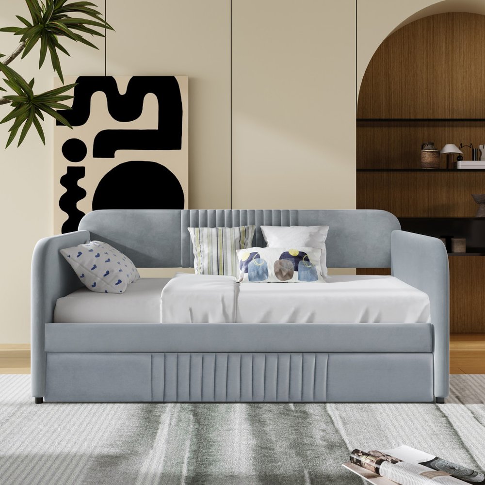 Gray Upholstered Twin Bed Frame With Trundle
