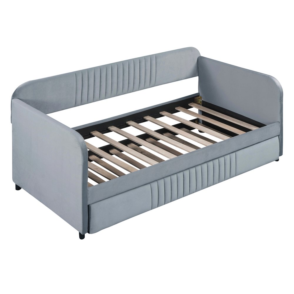 Gray Upholstered Twin Bed Frame With Trundle