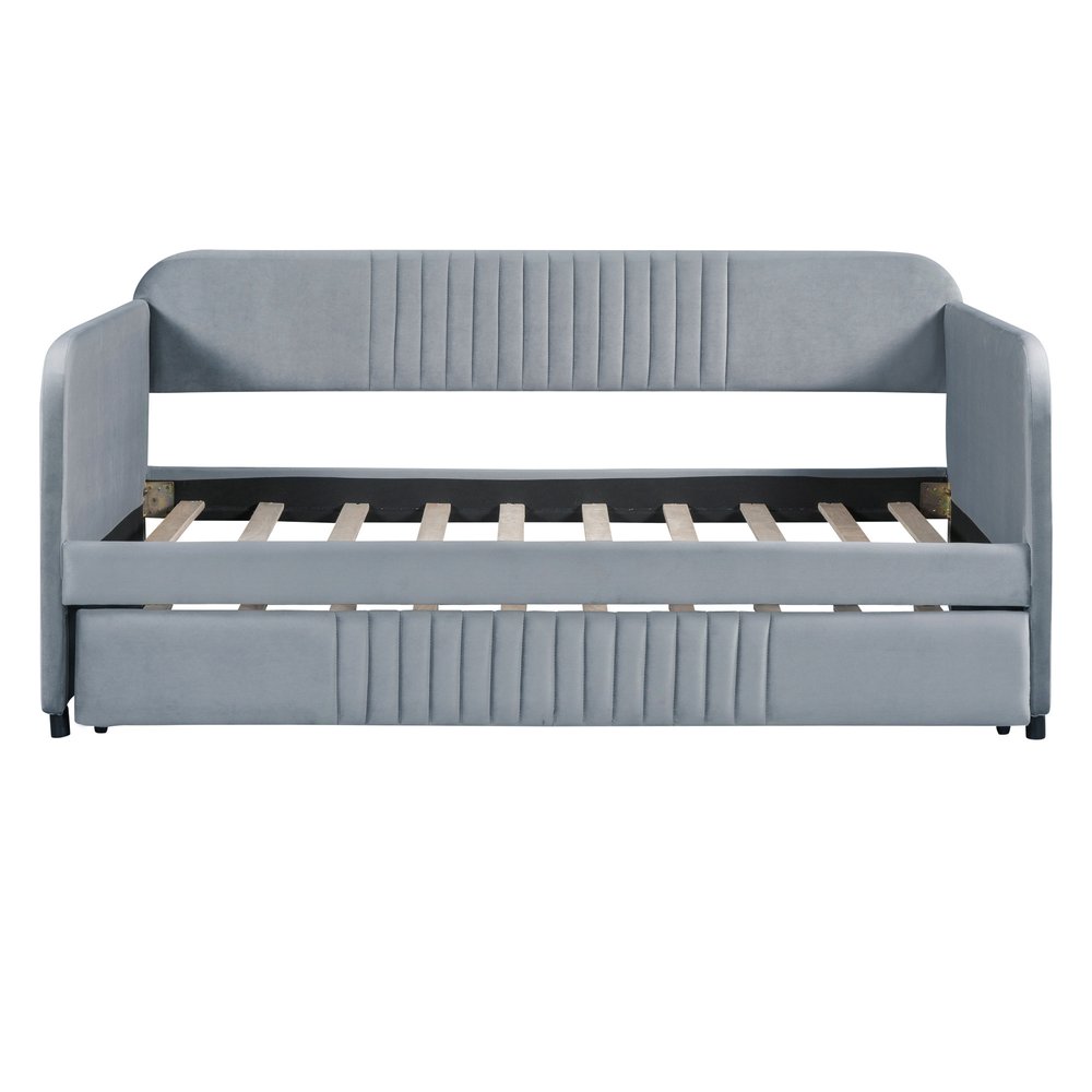 Gray Upholstered Twin Bed Frame With Trundle