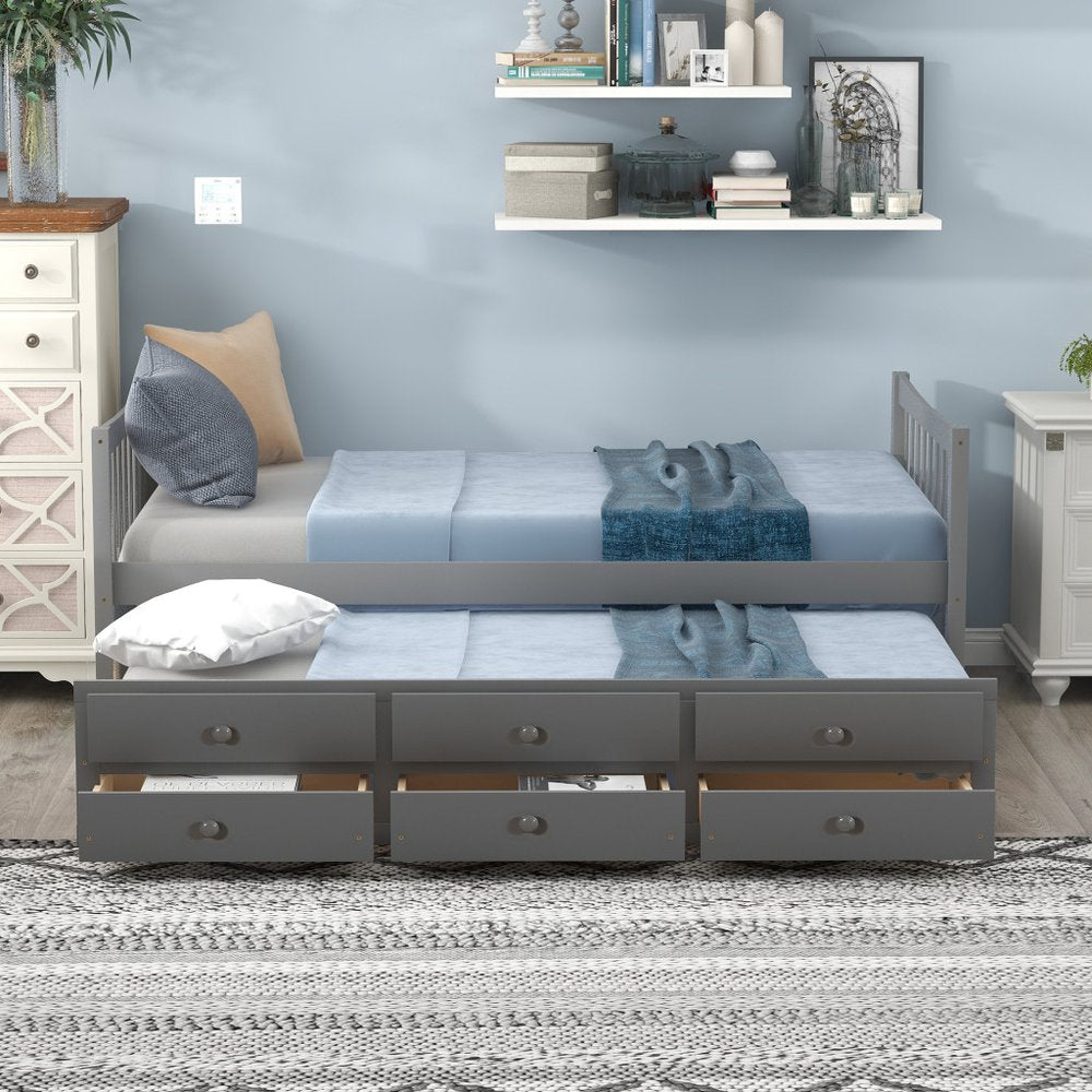 Gray Wood Twin Bed Frame With Drawers