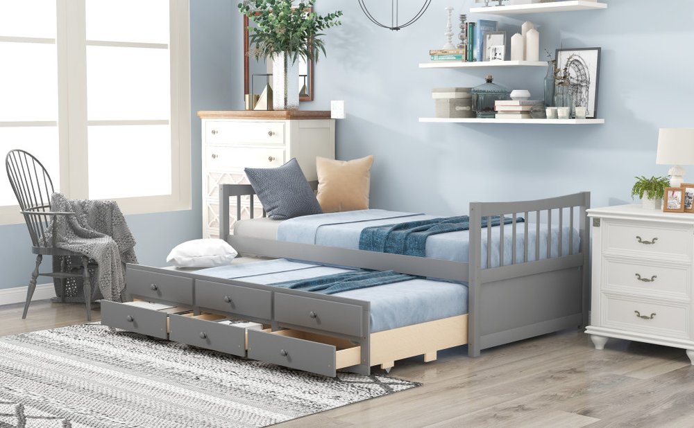 Gray Wood Twin Bed Frame With Drawers
