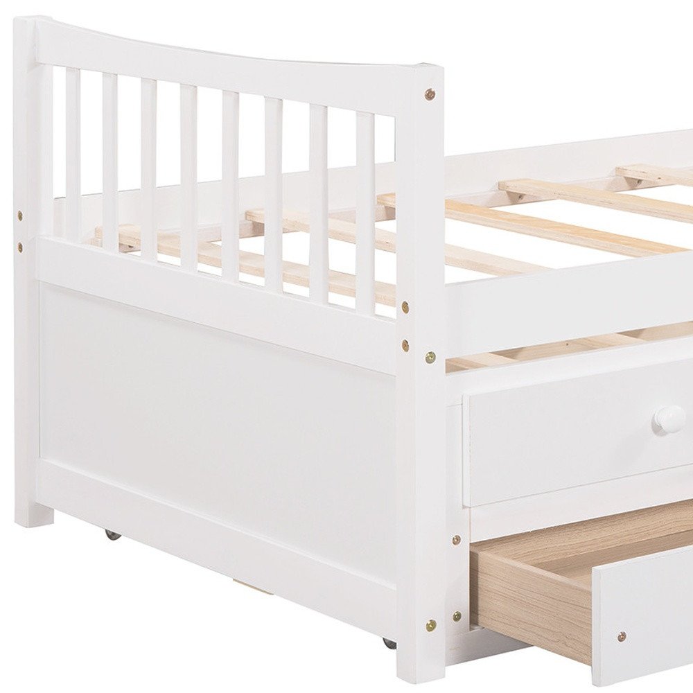 White Wood Twin Bed Frame With Drawers