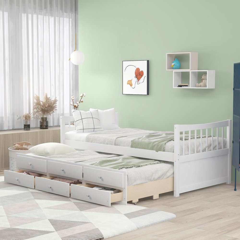 White Wood Twin Bed Frame With Drawers