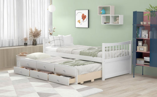 White Wood Twin Bed Frame With Drawers