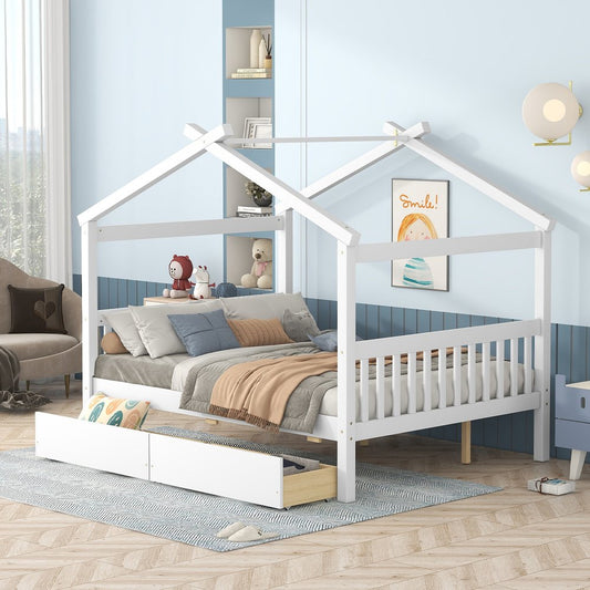 White Wood Full Canopy Bed Frame With Drawers