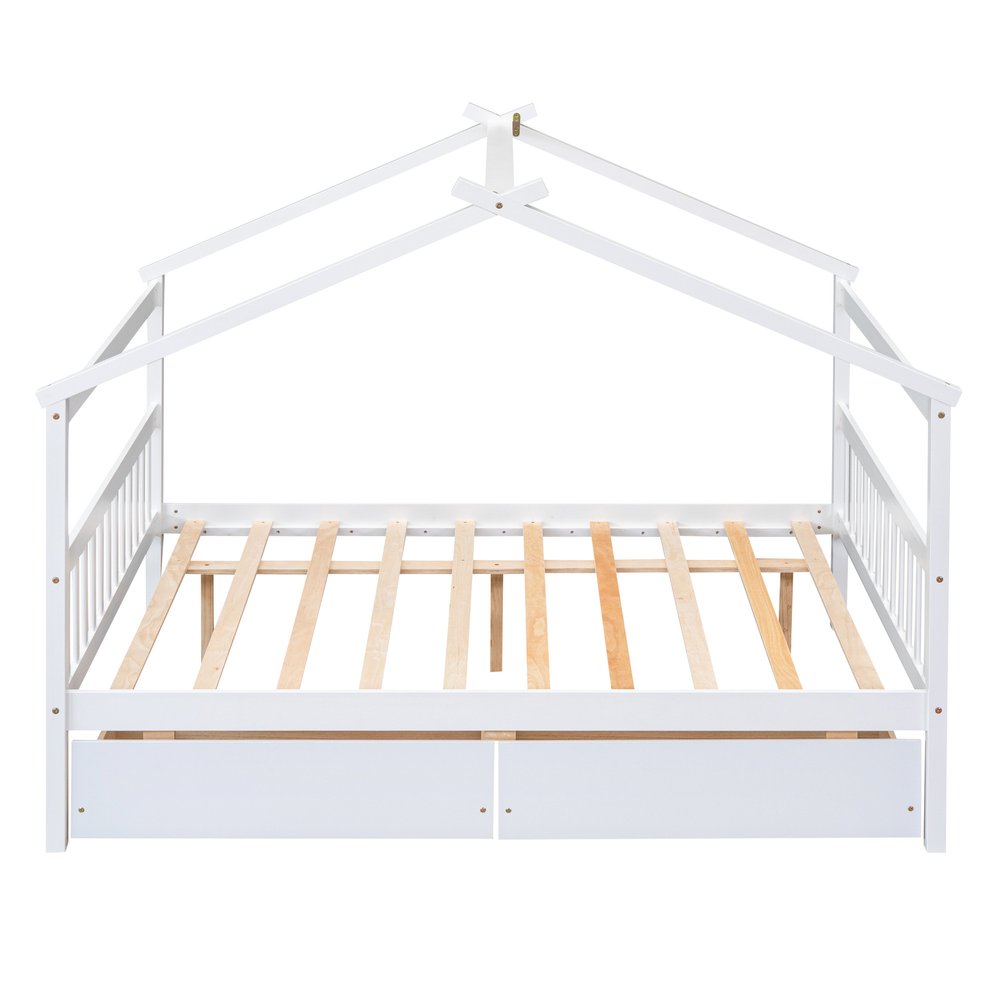 White Wood Full Canopy Bed Frame With Drawers
