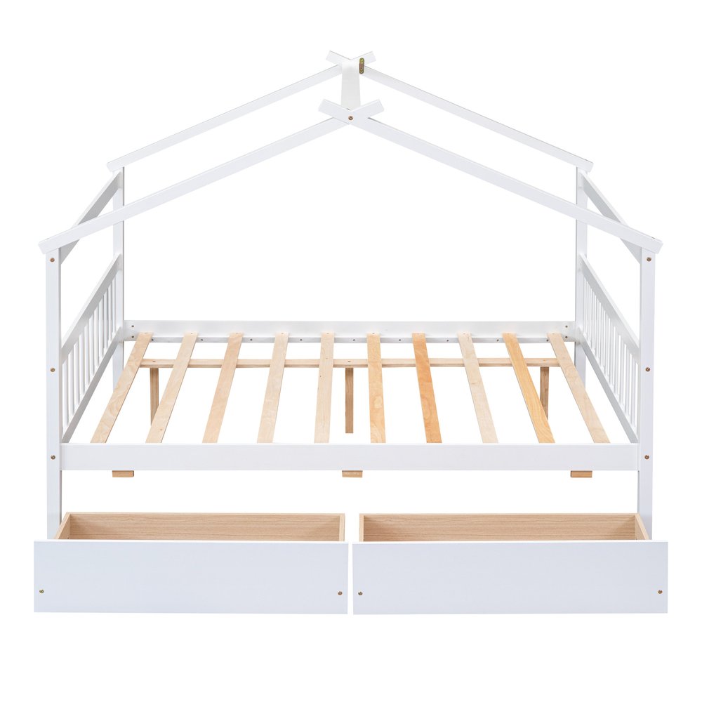 White Wood Full Canopy Bed Frame With Drawers