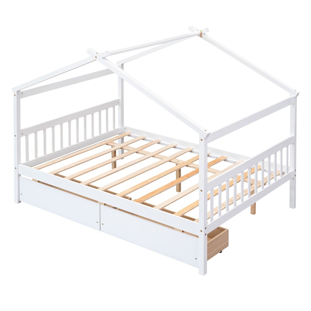 White Wood Full Canopy Bed Frame With Drawers