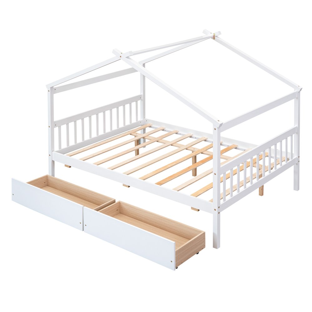 White Wood Full Canopy Bed Frame With Drawers