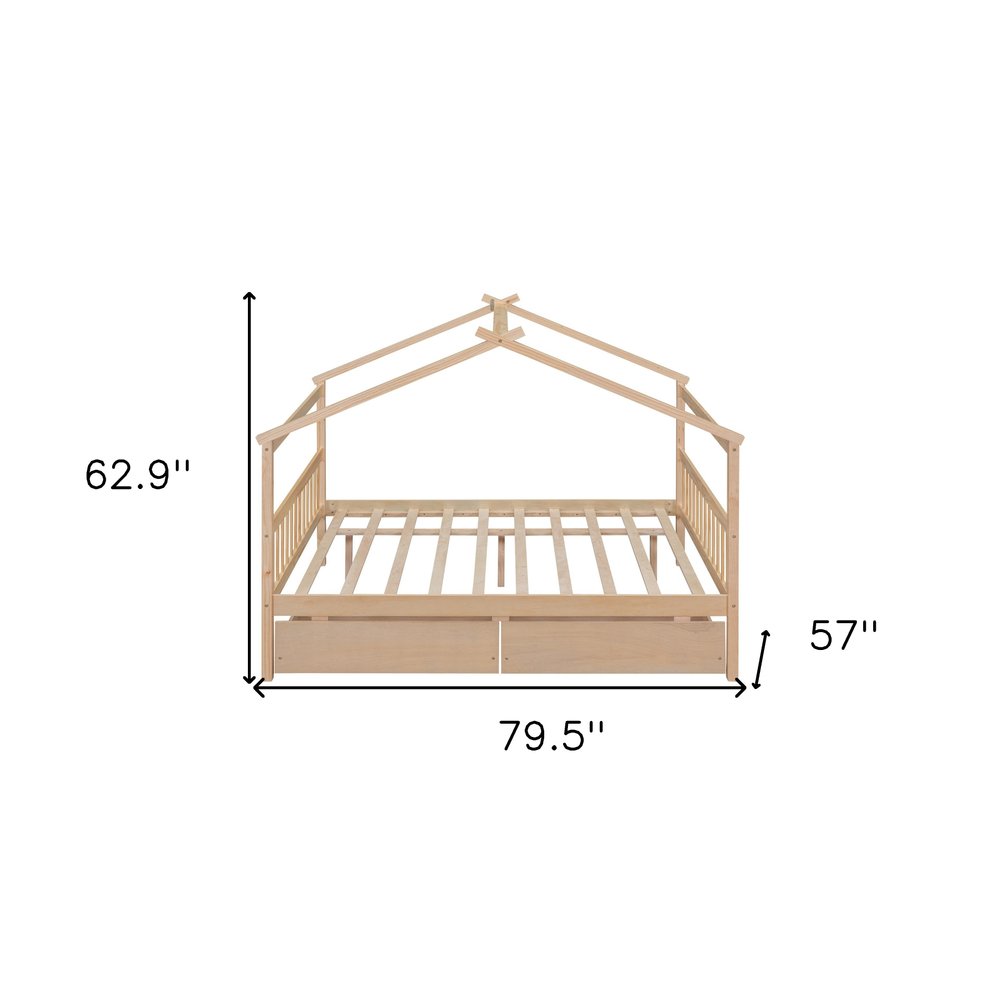 Natural Wood Full Canopy Bed Frame With Drawers