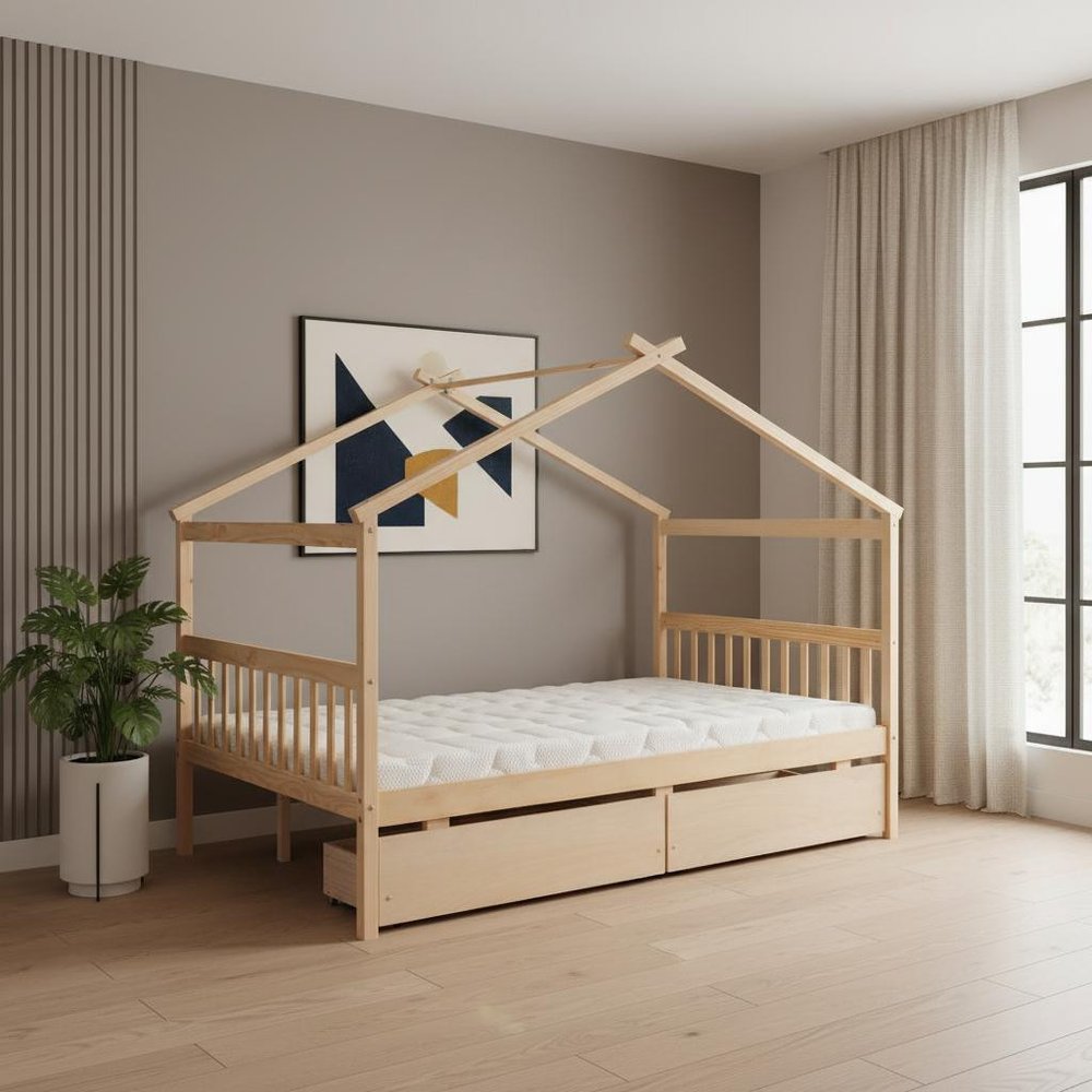 Natural Wood Full Canopy Bed Frame With Drawers