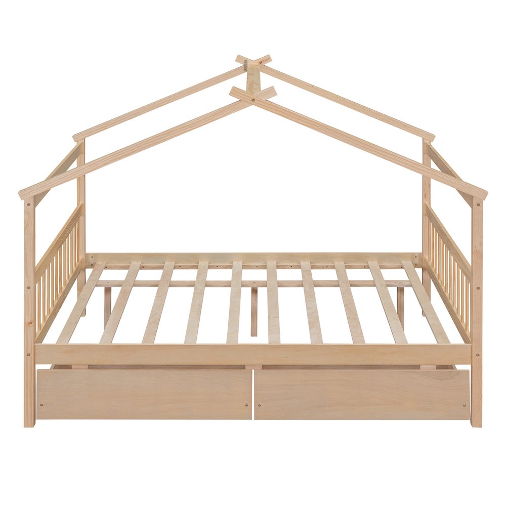 Natural Wood Full Canopy Bed Frame With Drawers