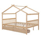 Natural Wood Full Canopy Bed Frame With Drawers