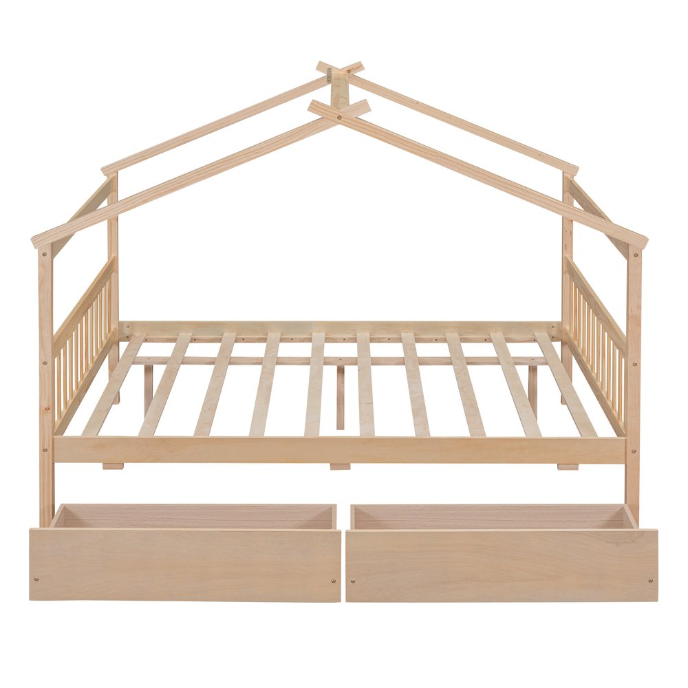 Natural Wood Full Canopy Bed Frame With Drawers