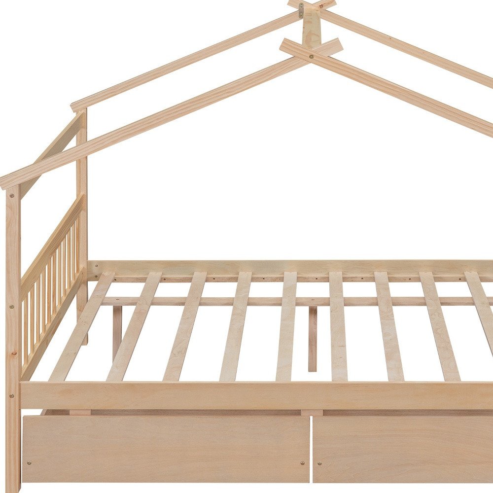Natural Wood Full Canopy Bed Frame With Drawers