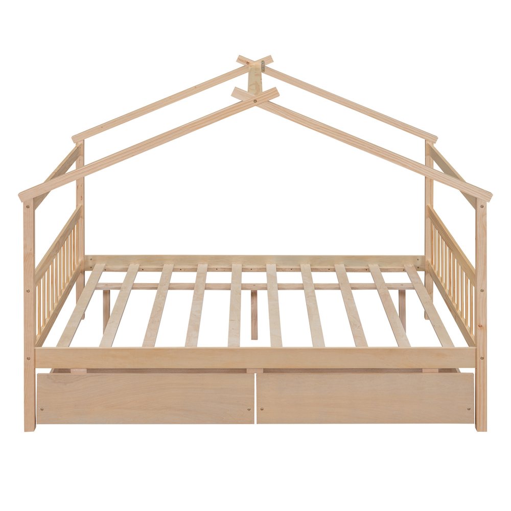 Natural Wood Full Canopy Bed Frame With Drawers