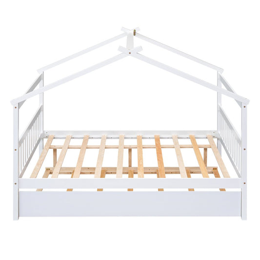 White Wood Full Canopy Bed Frame With Trundle