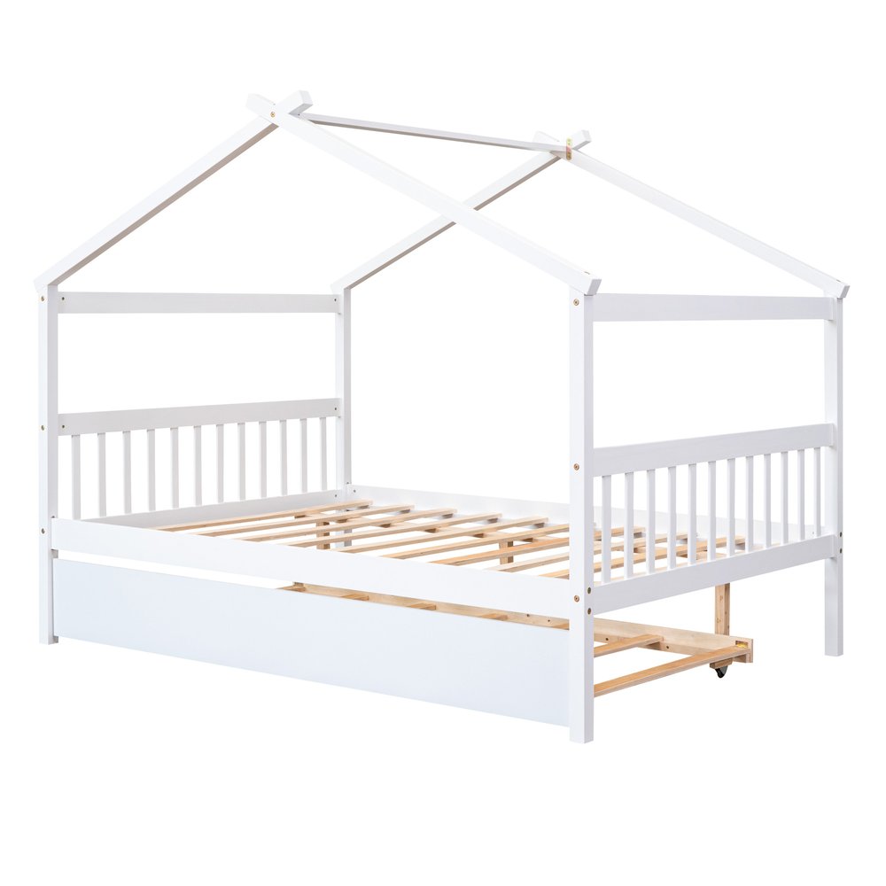 White Wood Full Canopy Bed Frame With Trundle