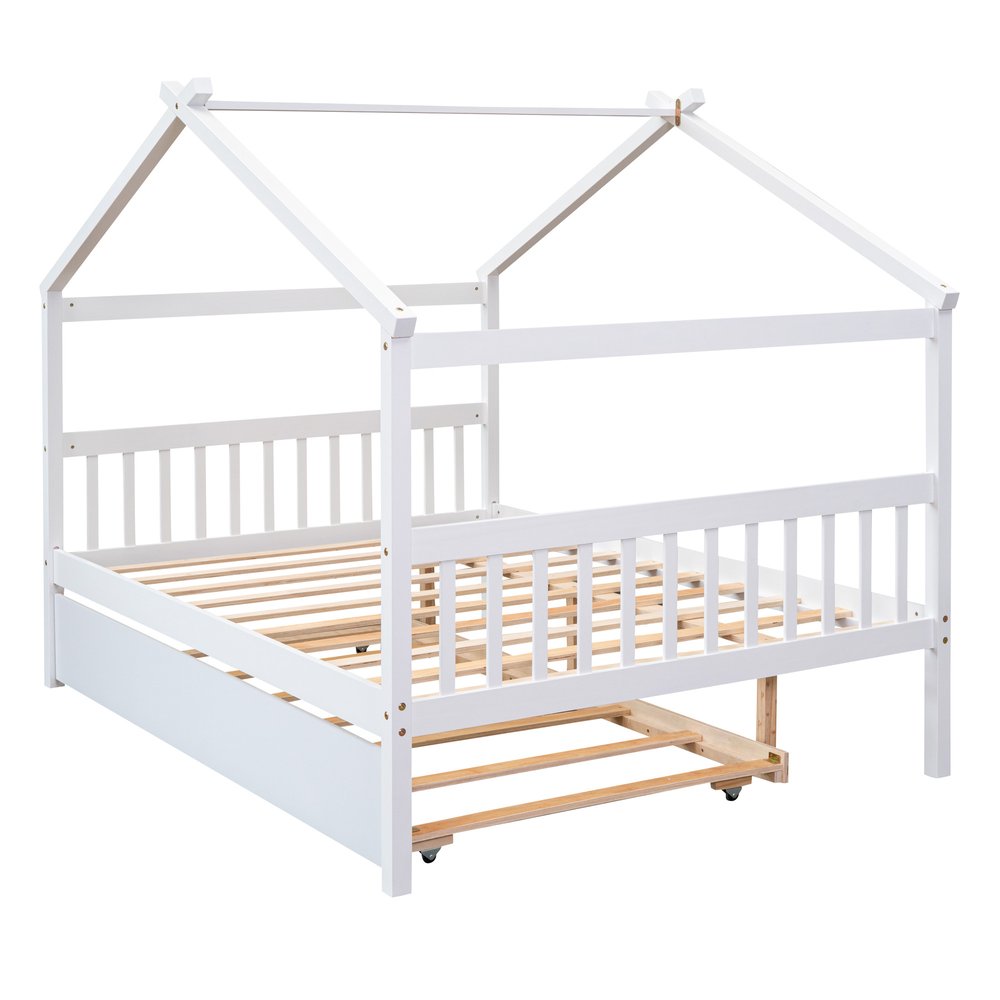 White Wood Full Canopy Bed Frame With Trundle