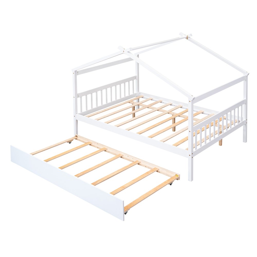 White Wood Full Canopy Bed Frame With Trundle