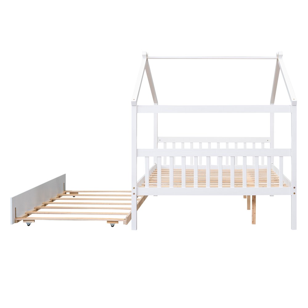 White Wood Full Canopy Bed Frame With Trundle