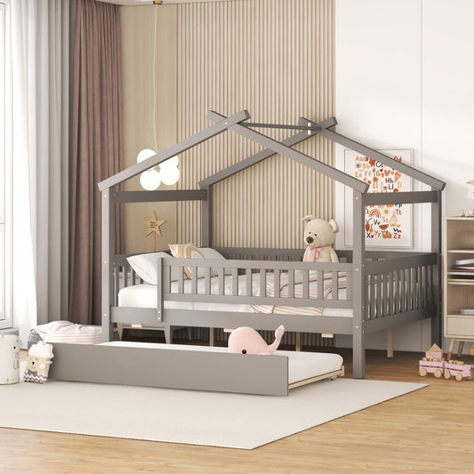 Gray Wood Full Canopy Bed Frame With Trundle