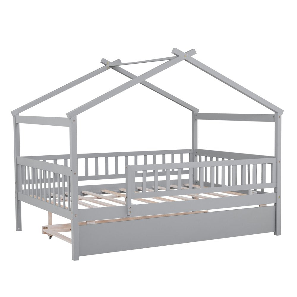 Gray Wood Full Canopy Bed Frame With Trundle