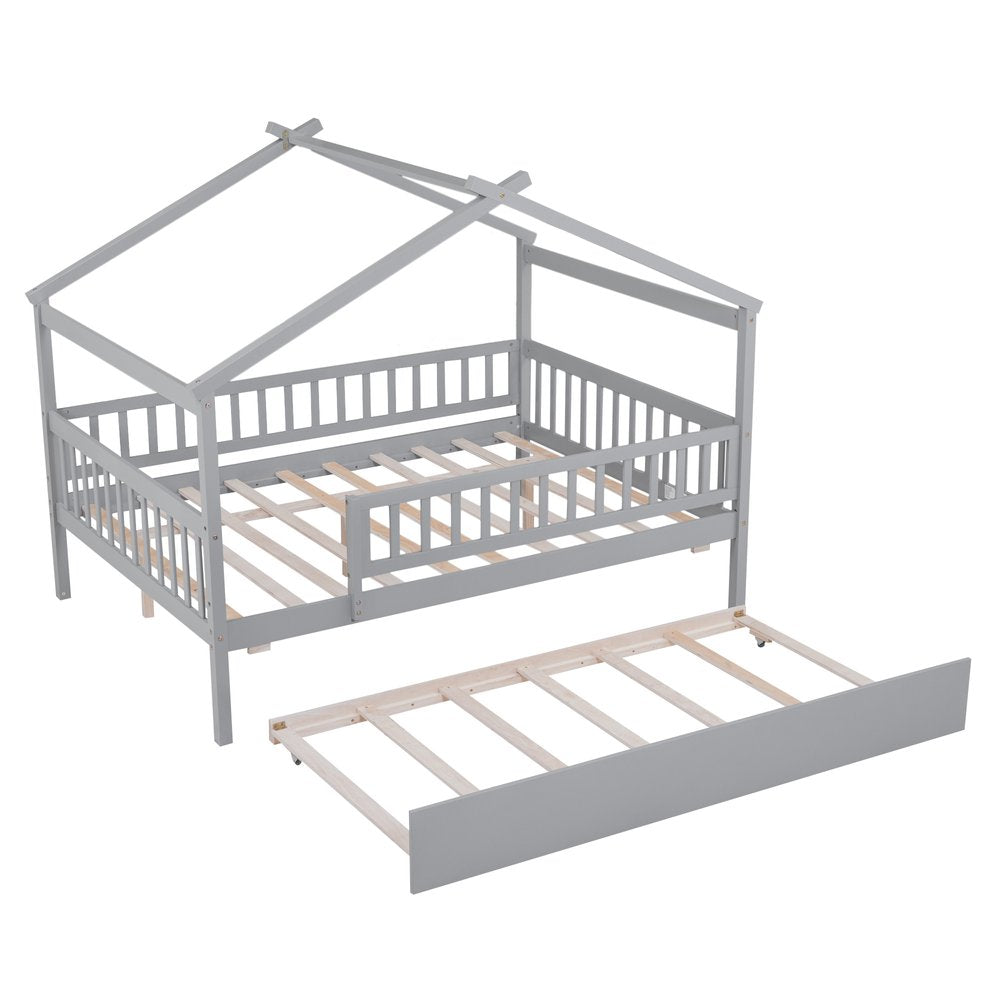 Gray Wood Full Canopy Bed Frame With Trundle