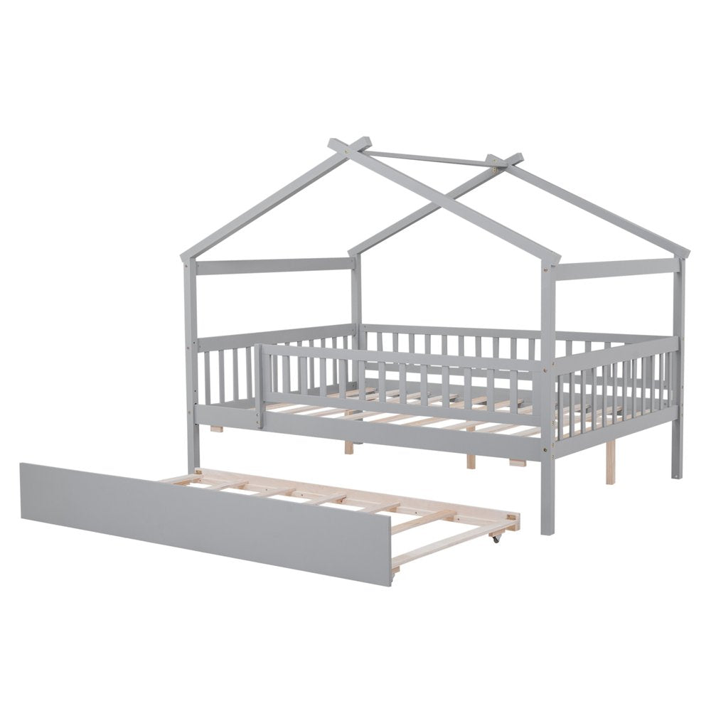 Gray Wood Full Canopy Bed Frame With Trundle