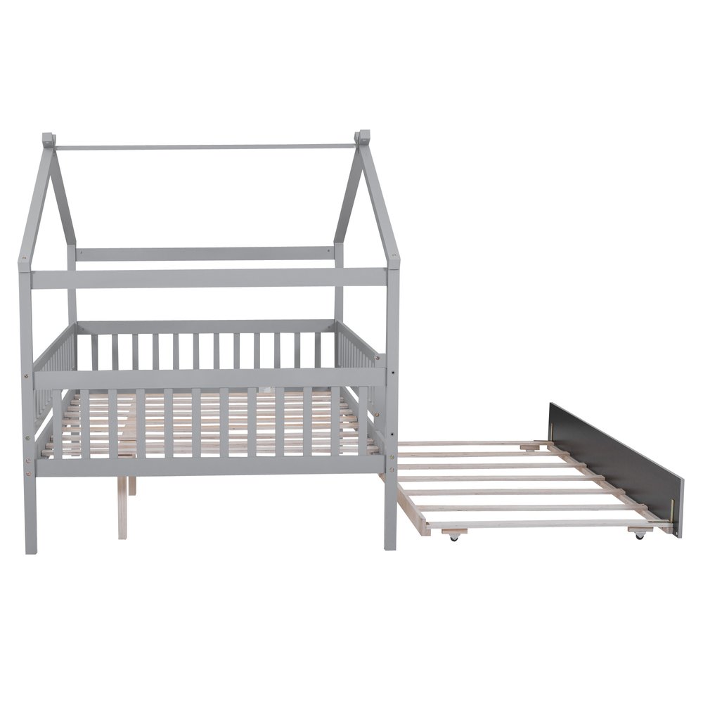 Gray Wood Full Canopy Bed Frame With Trundle